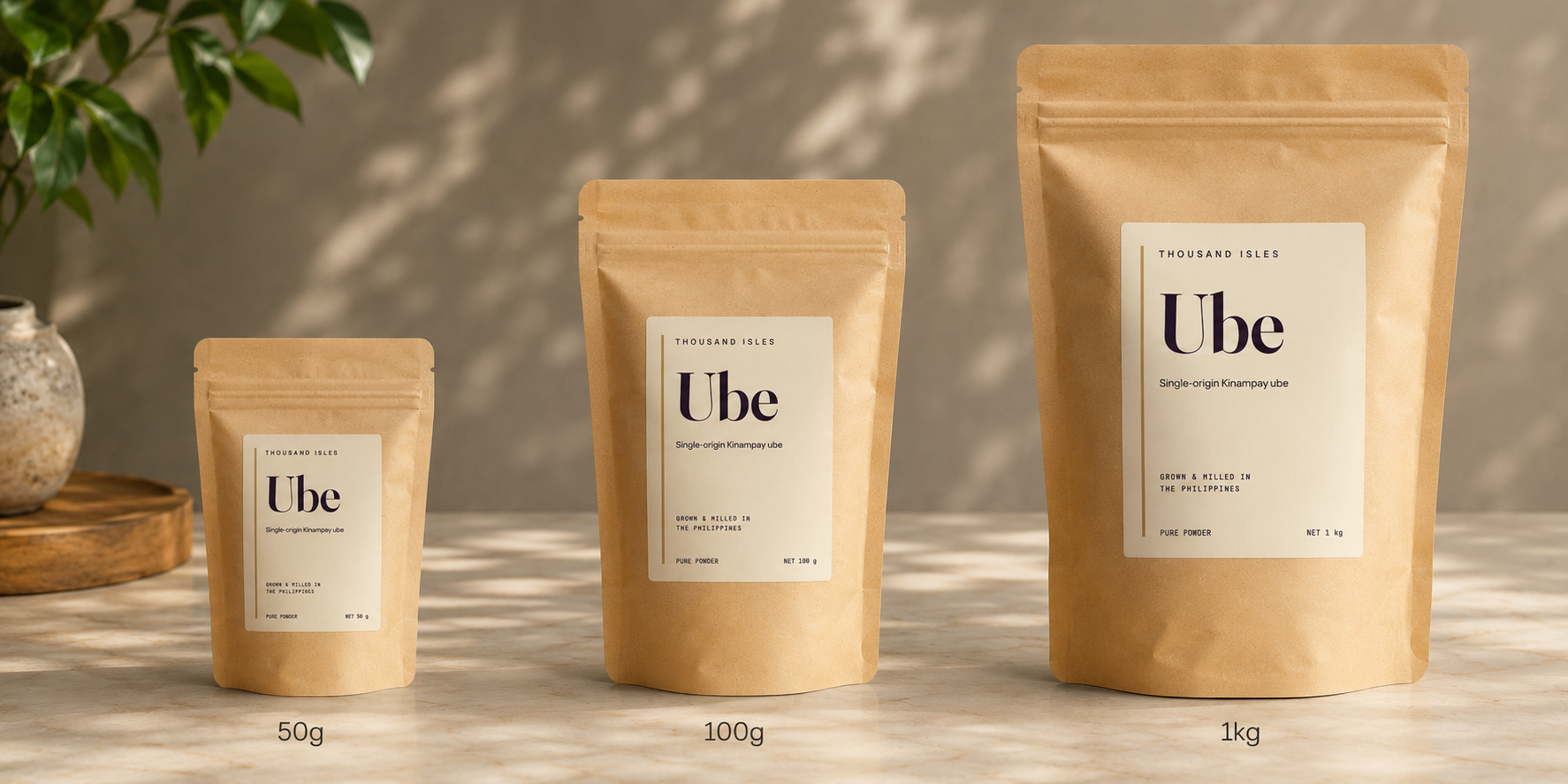 Three Thousand Isles ube powder pouches side by side, smallest to largest.